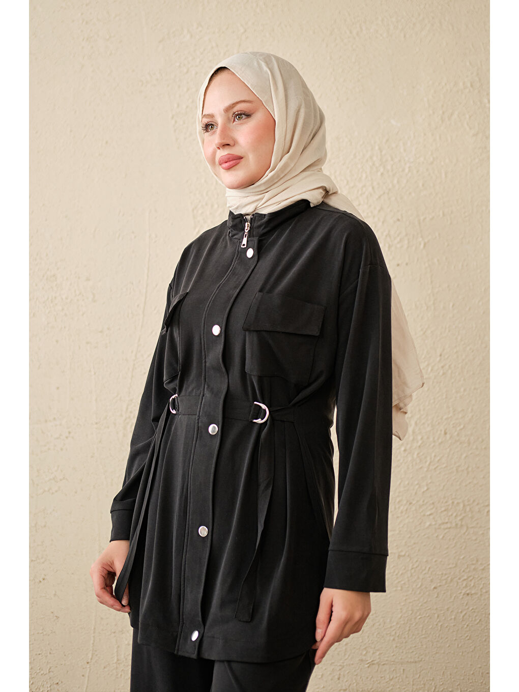 Kadın Çıtçıt Detay Çift Cepli Takım Siyah-1