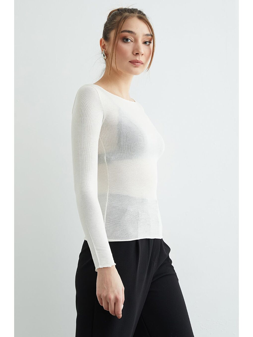 Ekru Kayık Yaka Transparan Bluz-4