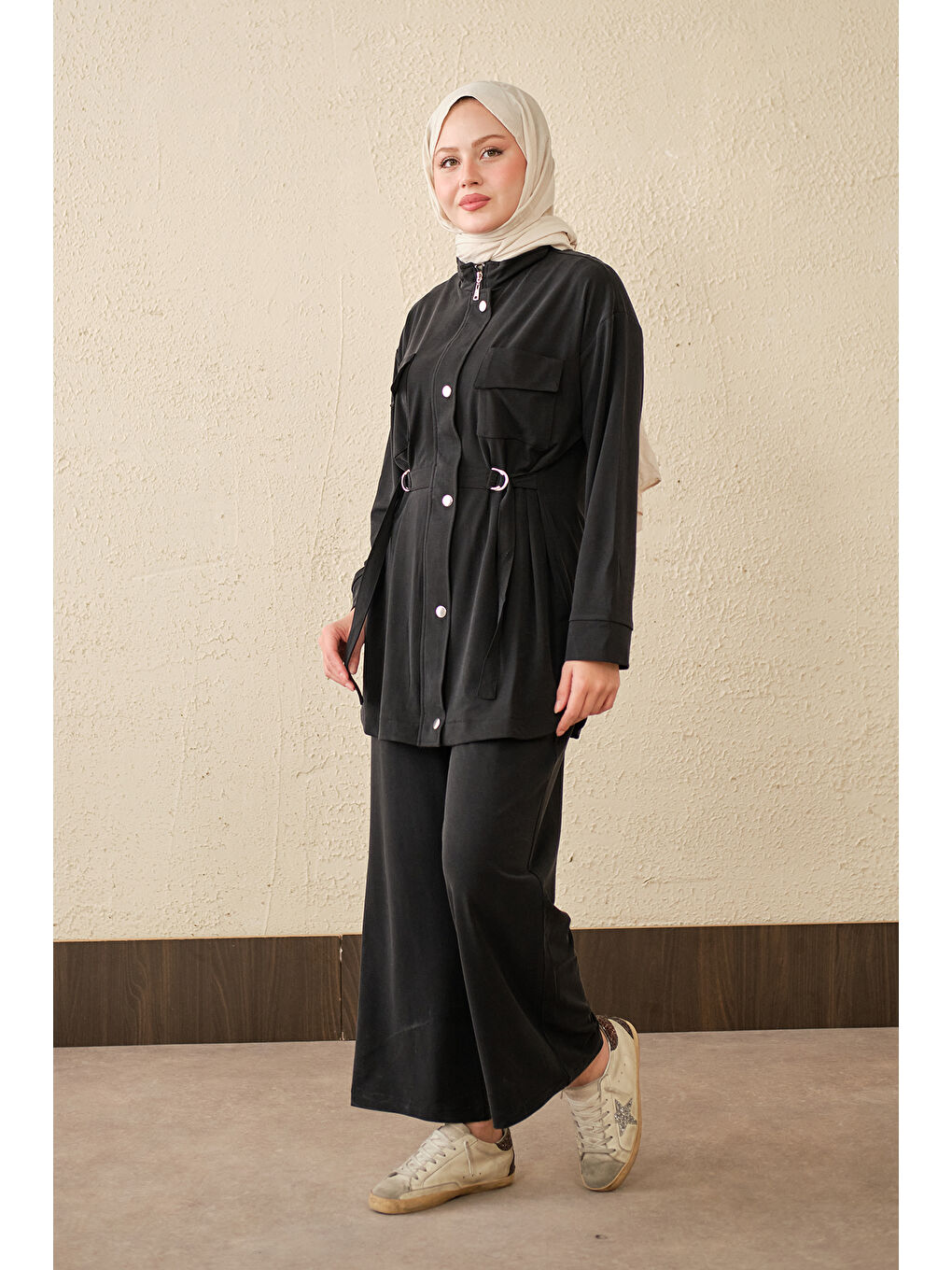 Kadın Çıtçıt Detay Çift Cepli Takım Siyah-2