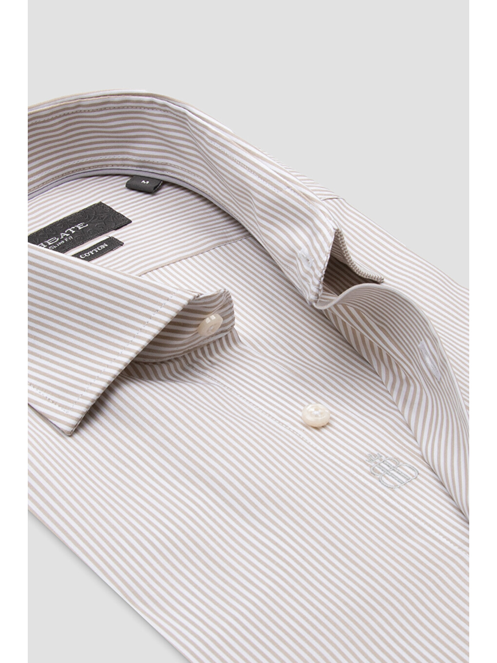 Ekru Marco Poplin Pamuklu Slim Fit Krem Klasik Yaka Erkek Çizgili Gömlek-4