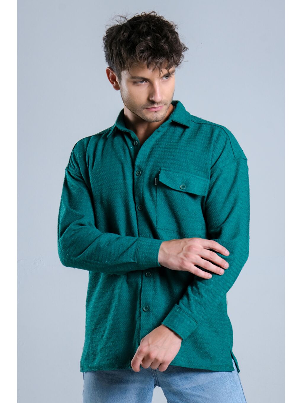 Yeşil Oversize Tek Cepli Örme Gömlek MAR Over22-3