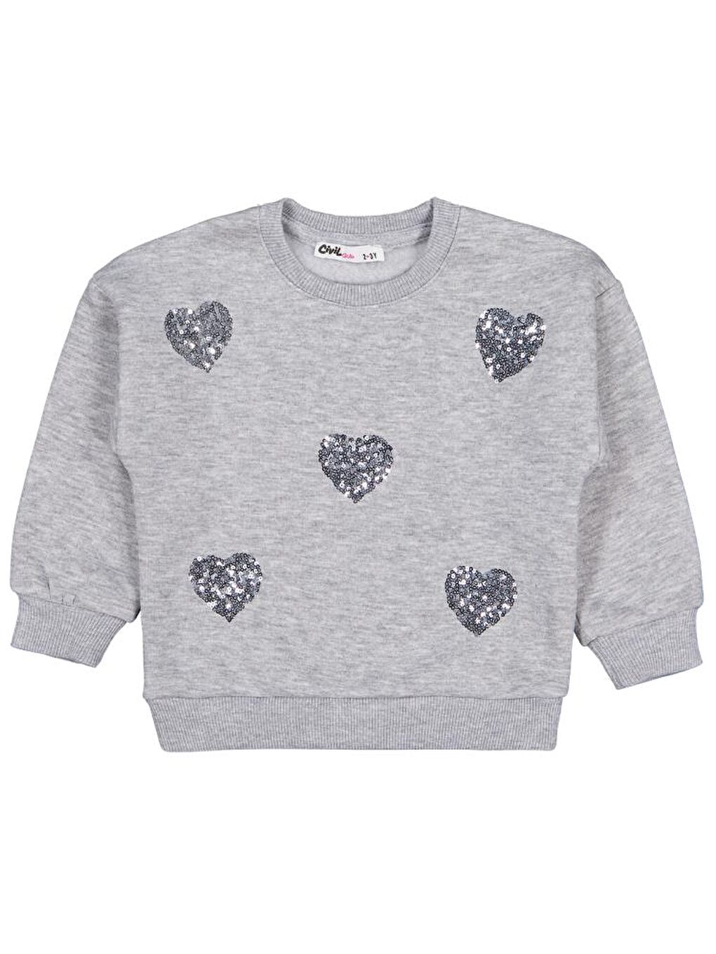 Girls Pullu Kalp Nakışlı 2-5 Yaş Sweatshirt - Gri 2-3 Yaş