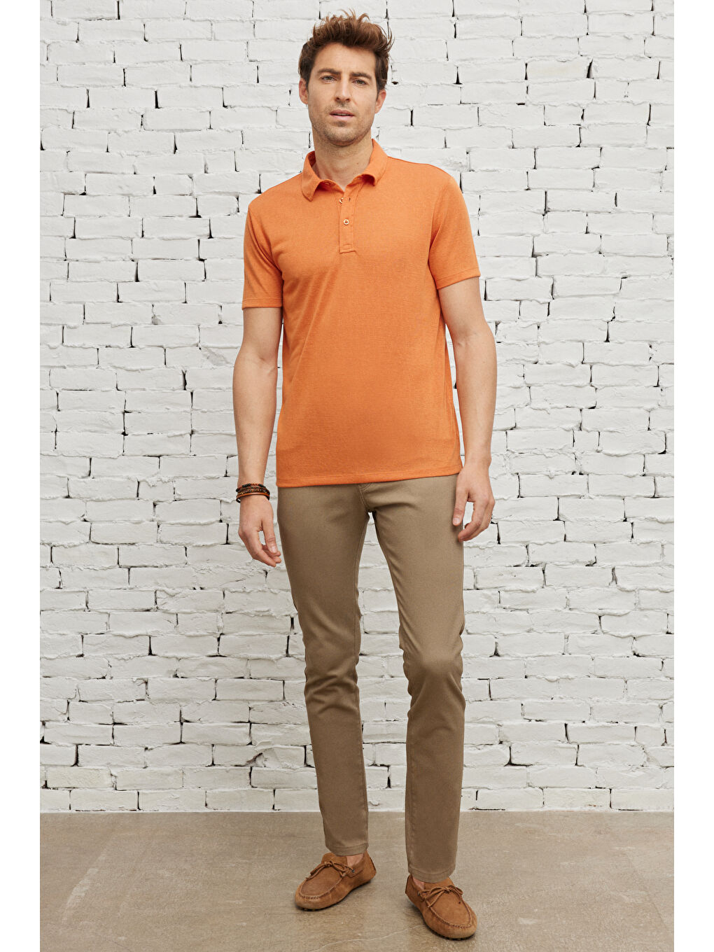 Erkek Turuncu Slim Fit Dar Kesim Polo Yaka Kısa Kollu Keten Görünümlü Tişört-1