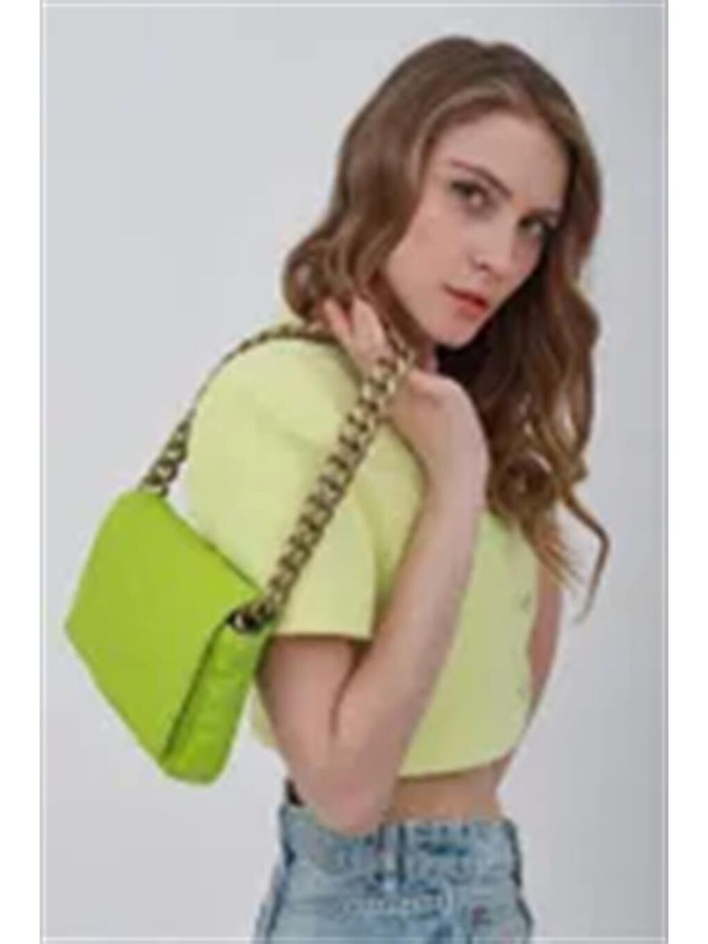 Zincirli Kapitone Omuz Çantası Açık Yeşil-6