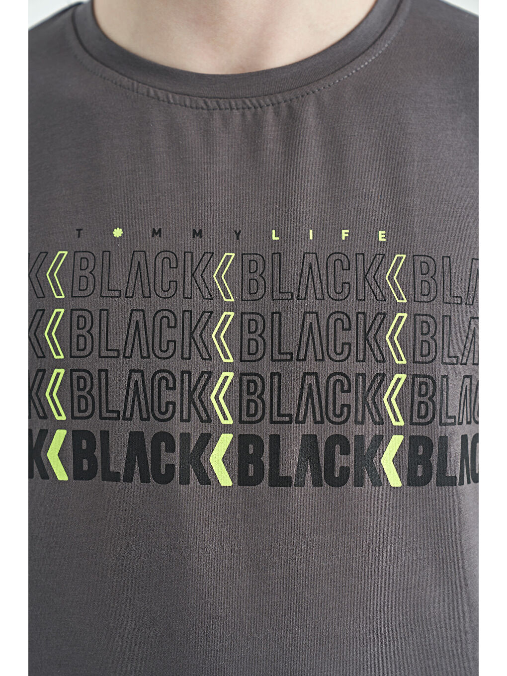 Koyu Gri Yazı Baskılı O Yaka Standart Kalıp Erkek Çocuk Tişört - 11149-4