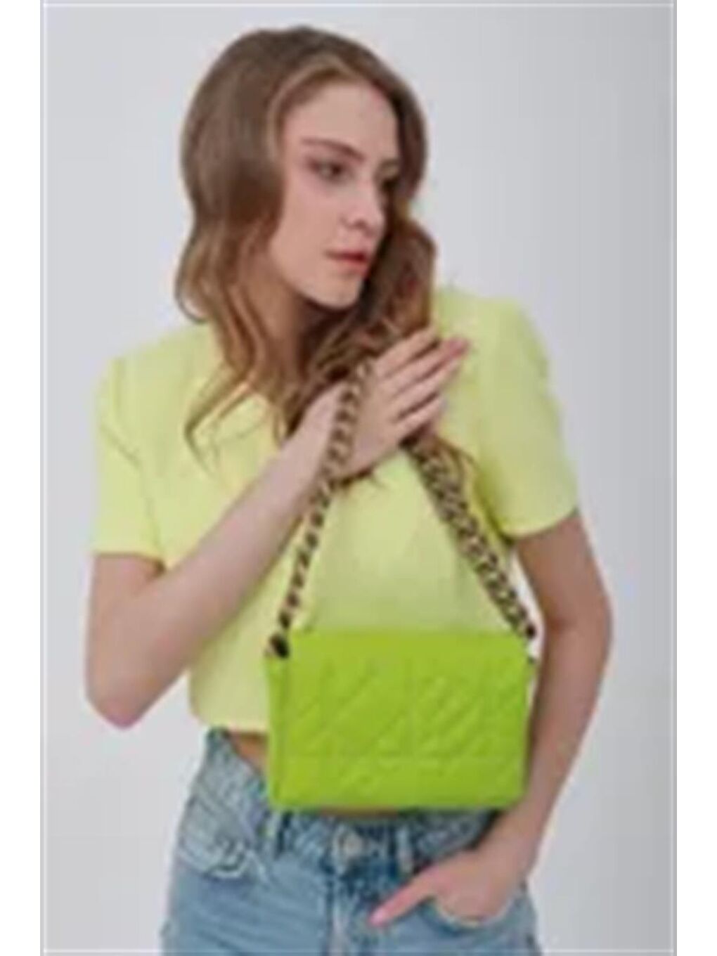 Zincirli Kapitone Omuz Çantası Açık Yeşil-7