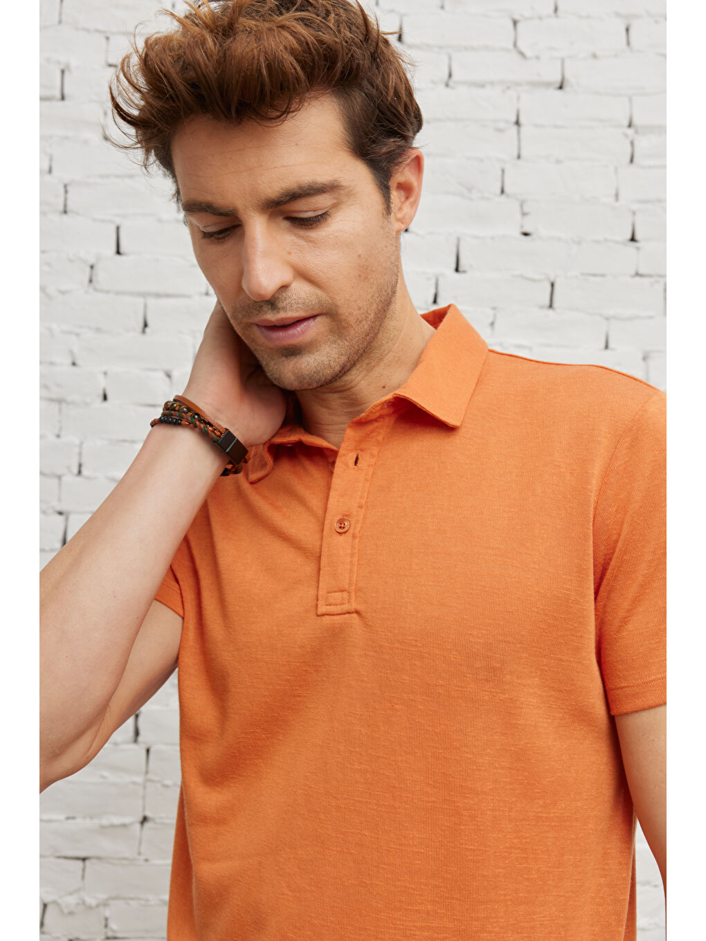 Erkek Turuncu Slim Fit Dar Kesim Polo Yaka Kısa Kollu Keten Görünümlü Tişört-5