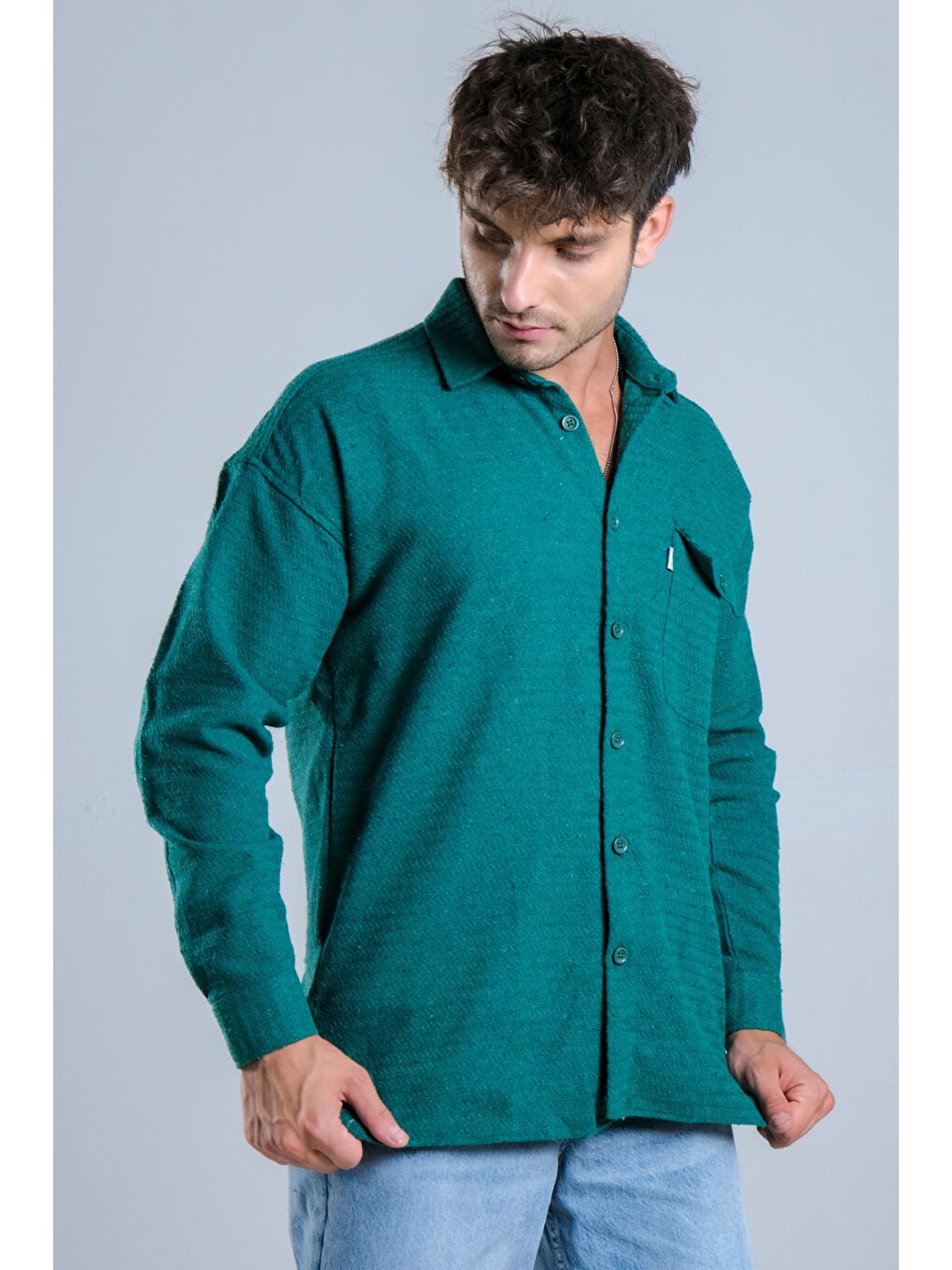 Yeşil Oversize Tek Cepli Örme Gömlek MAR Over22-4