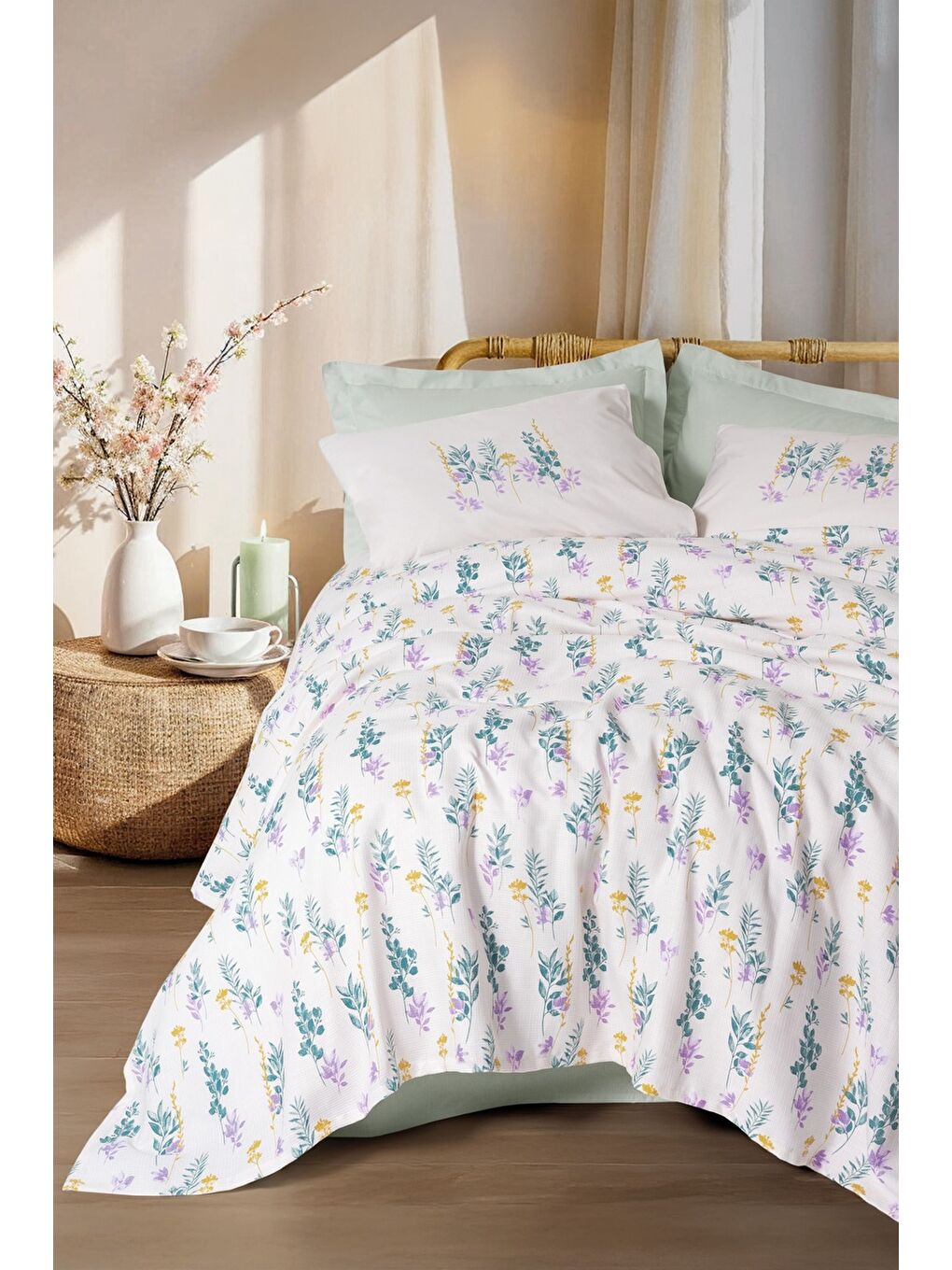 Karışık Pamuk Box Estiva Tek Kişilik Pike Takımı Twig Mint