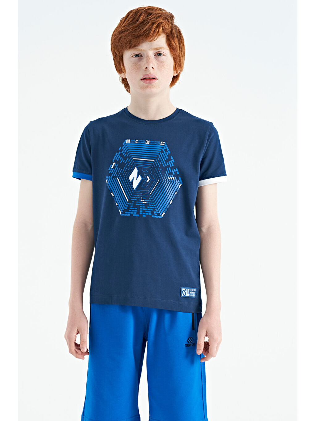 İndigo Kol Ucu Renkli Detaylı Baskılı Standart Kalıp Erkek Çocuk Tişört - 11156