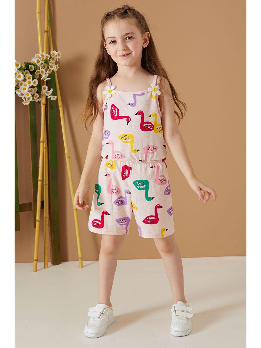 Ekru Krem Kuğu Baskılı Yazlık Kız Çocuk Şort Tulum 19084