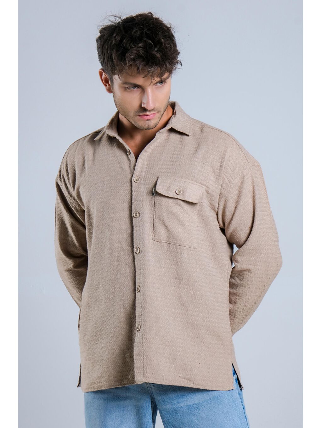 Bej Oversize Tek Cepli Örme Gömlek MAR Over22-5