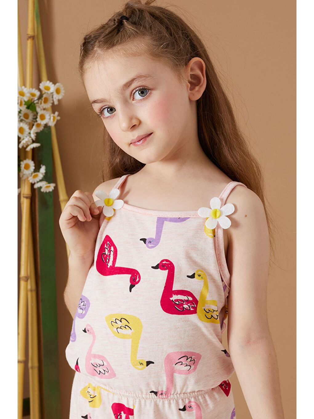 Ekru Krem Kuğu Baskılı Yazlık Kız Çocuk Şort Tulum 19084-1