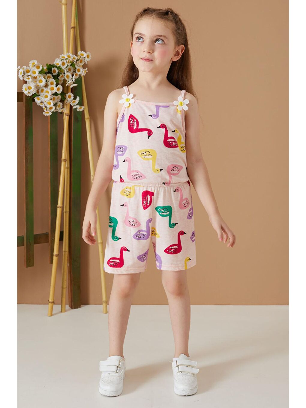 Ekru Krem Kuğu Baskılı Yazlık Kız Çocuk Şort Tulum 19084-2