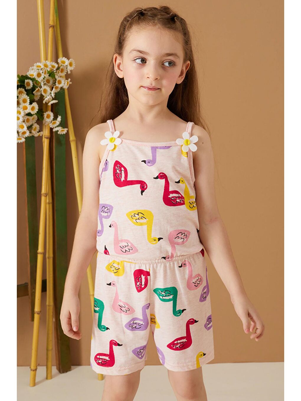 Ekru Krem Kuğu Baskılı Yazlık Kız Çocuk Şort Tulum 19084-3