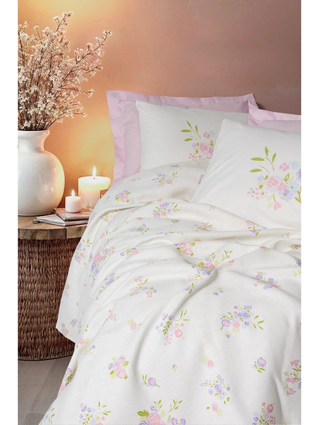 Karışık Pamuk Box Estiva Tek Kişilik Pike Takımı Petal Pembe