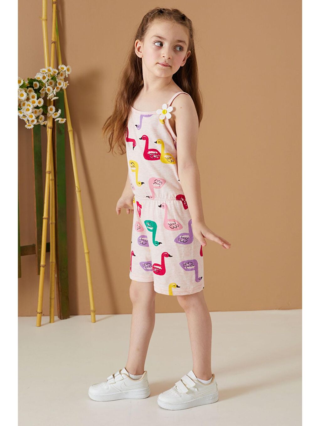 Ekru Krem Kuğu Baskılı Yazlık Kız Çocuk Şort Tulum 19084-4