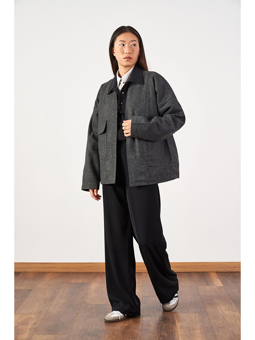 Kısa İnce Kaşe Kaban Gri-1