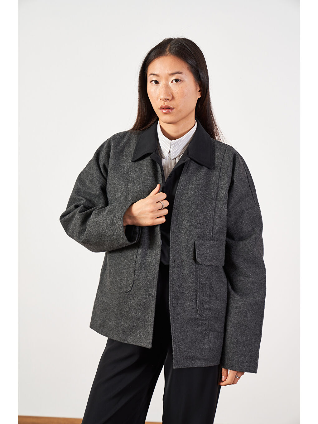 Kısa İnce Kaşe Kaban Gri-2