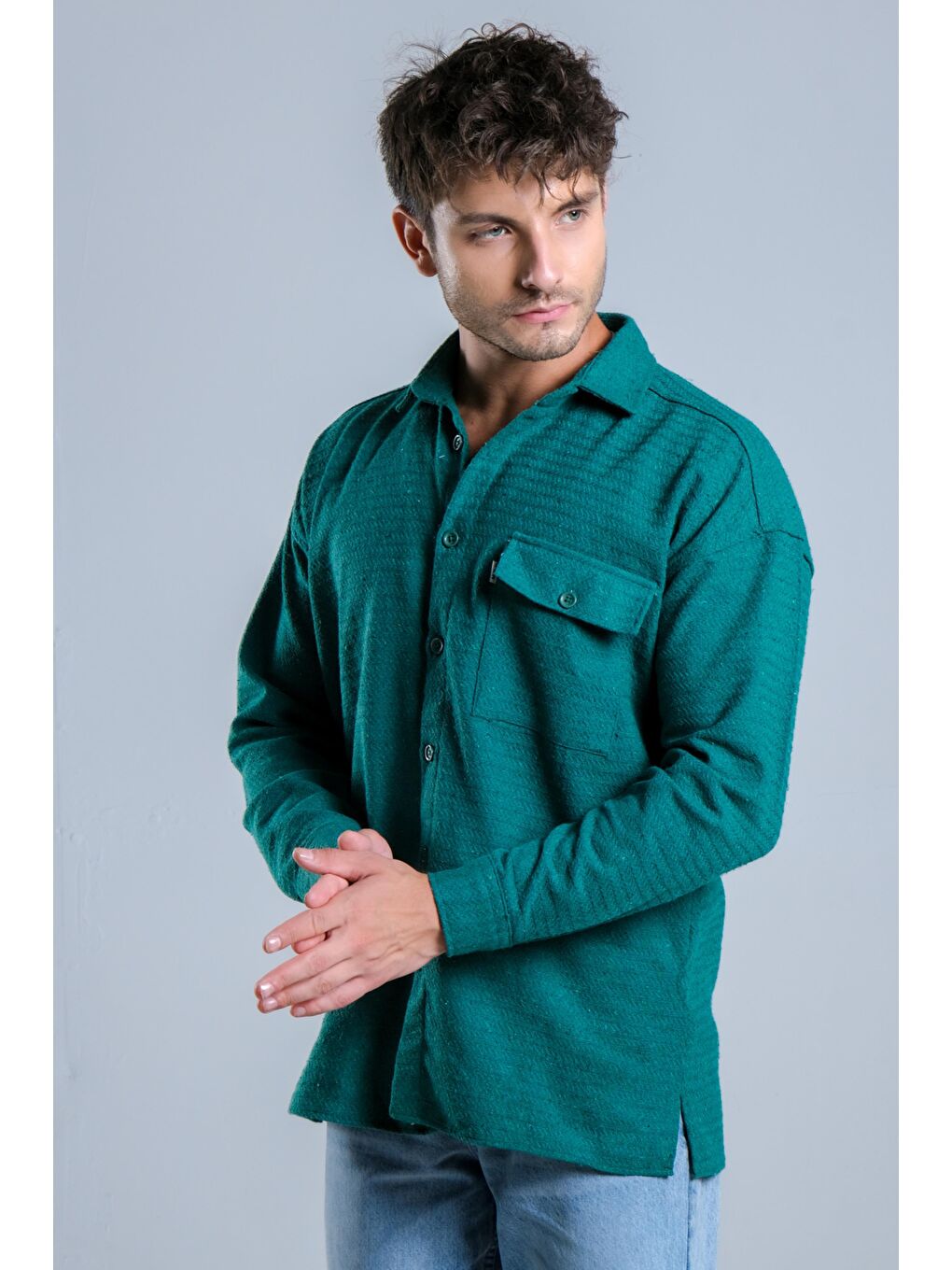 Yeşil Oversize Tek Cepli Örme Gömlek MAR Over22-5