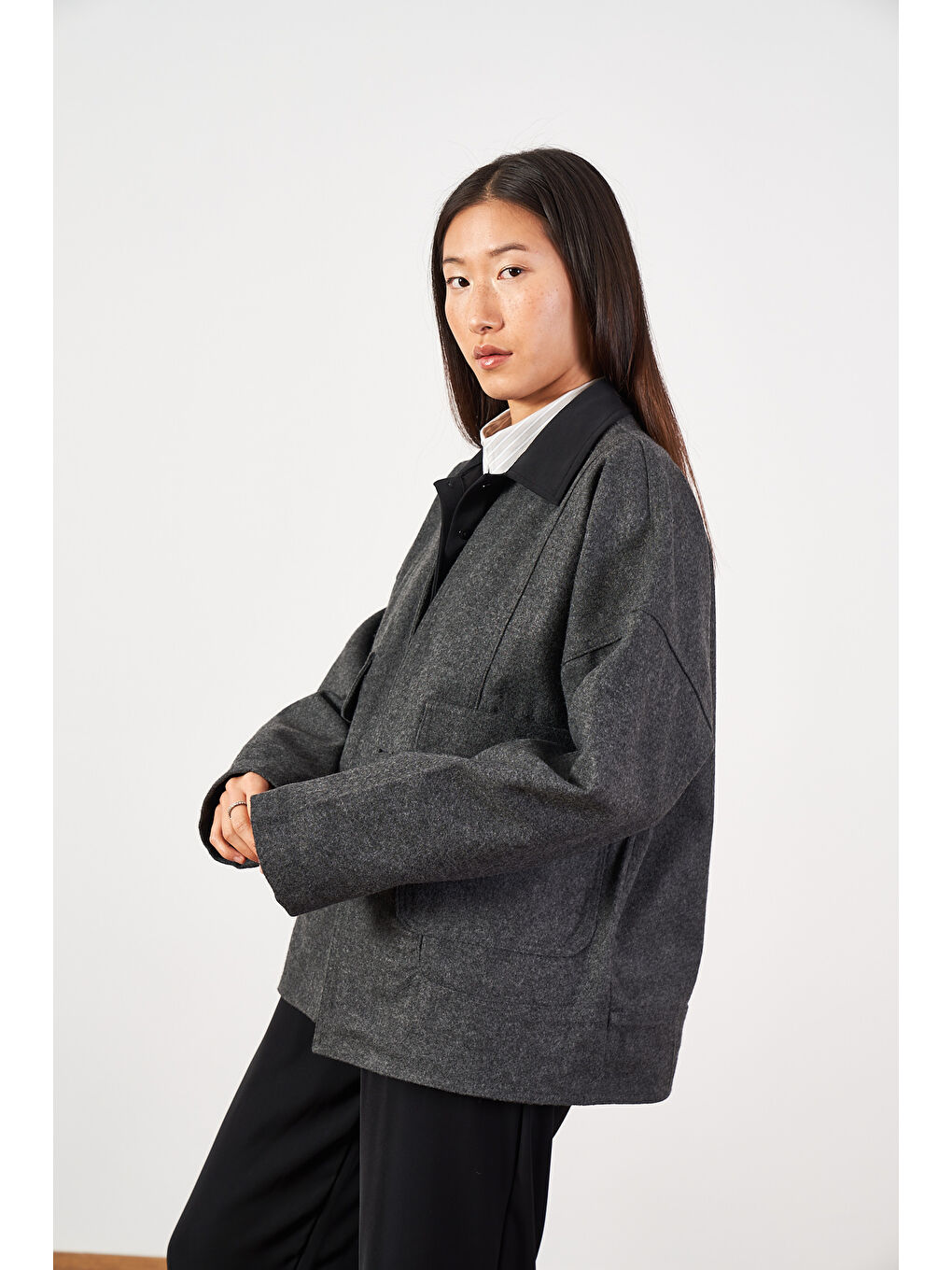 Kısa İnce Kaşe Kaban Gri-4