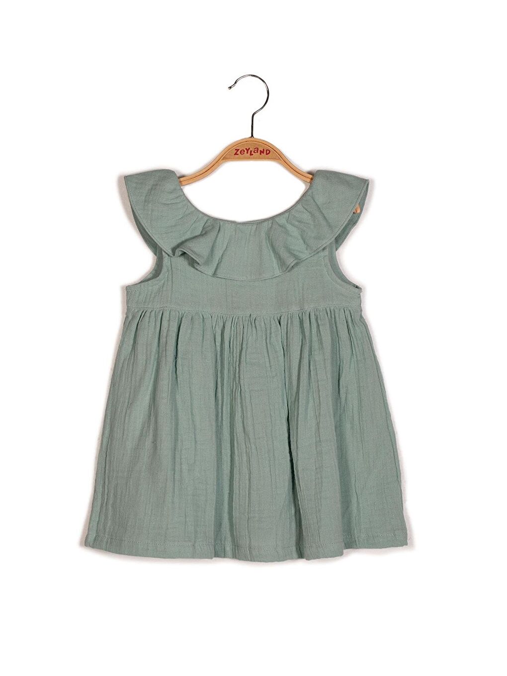 Yeşil Kız Bebek Yakası Volanlı Müslin Elbise-1