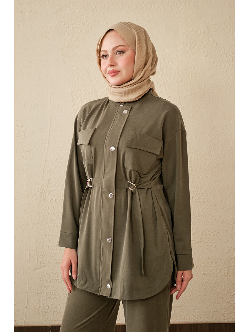 Kadın Çıtçıt Detay Çift Cepli Takım Haki Yeşil-1