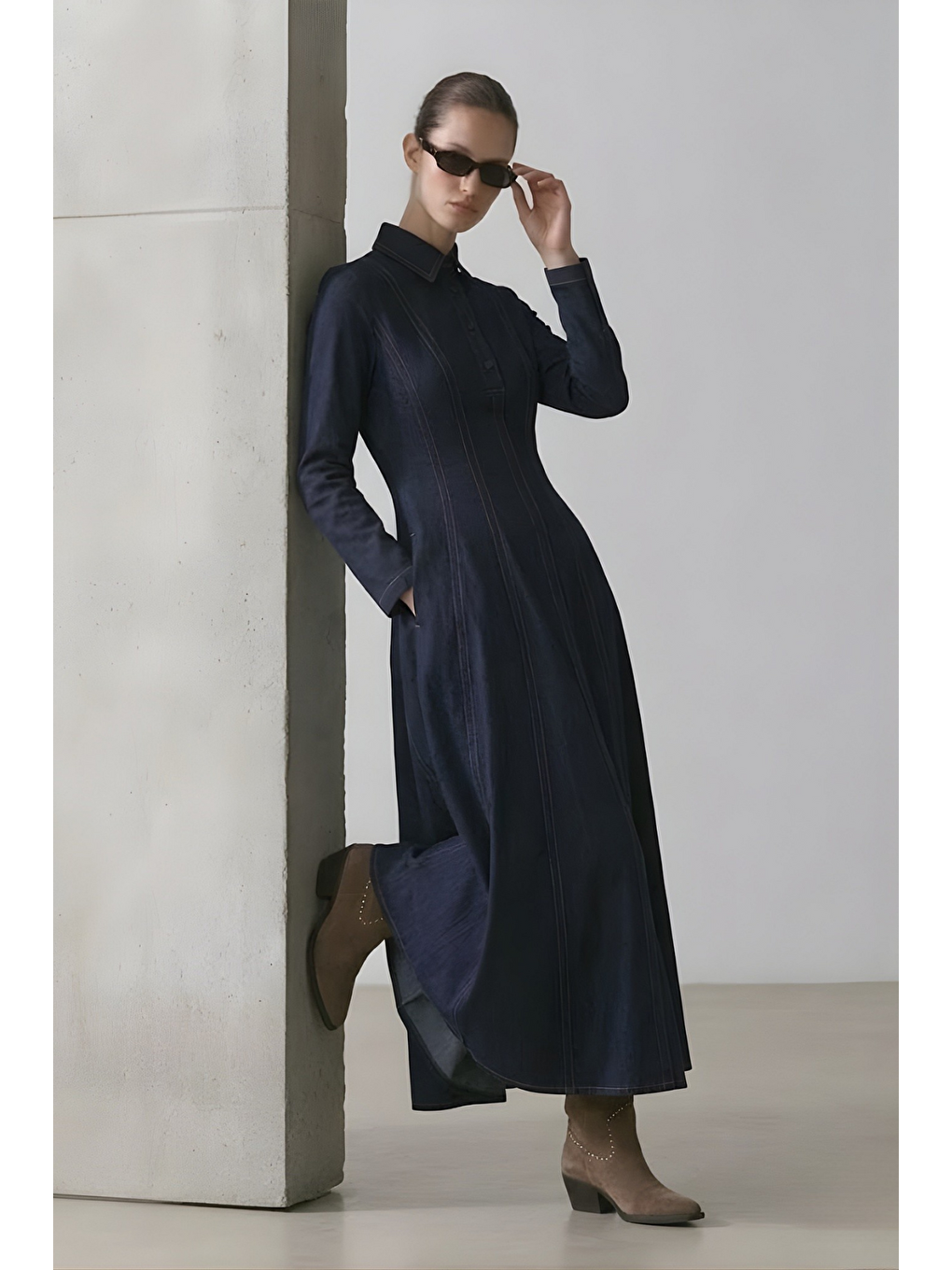 LENA | Parçalı Denim Elbise Lacivert-1