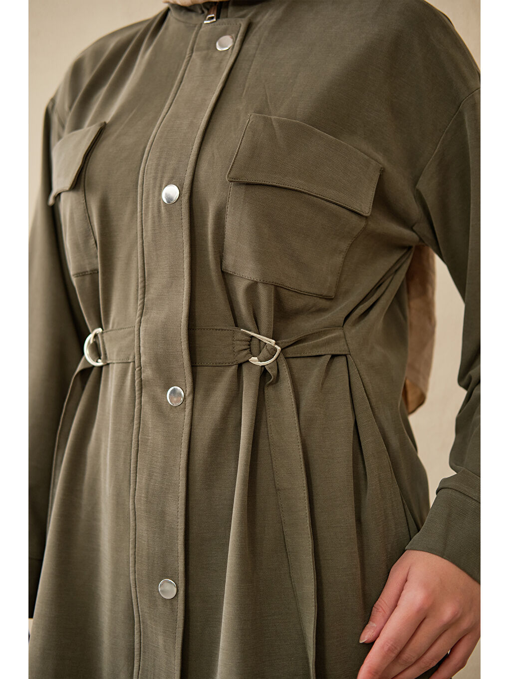 Kadın Çıtçıt Detay Çift Cepli Takım Haki Yeşil-3