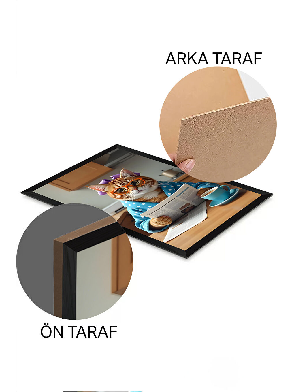 Beyaz Tek Parça Siyah Çerçeve Görünümlü Kedi Baskılı MDF 48x33 cm Tablo - Model 11-1