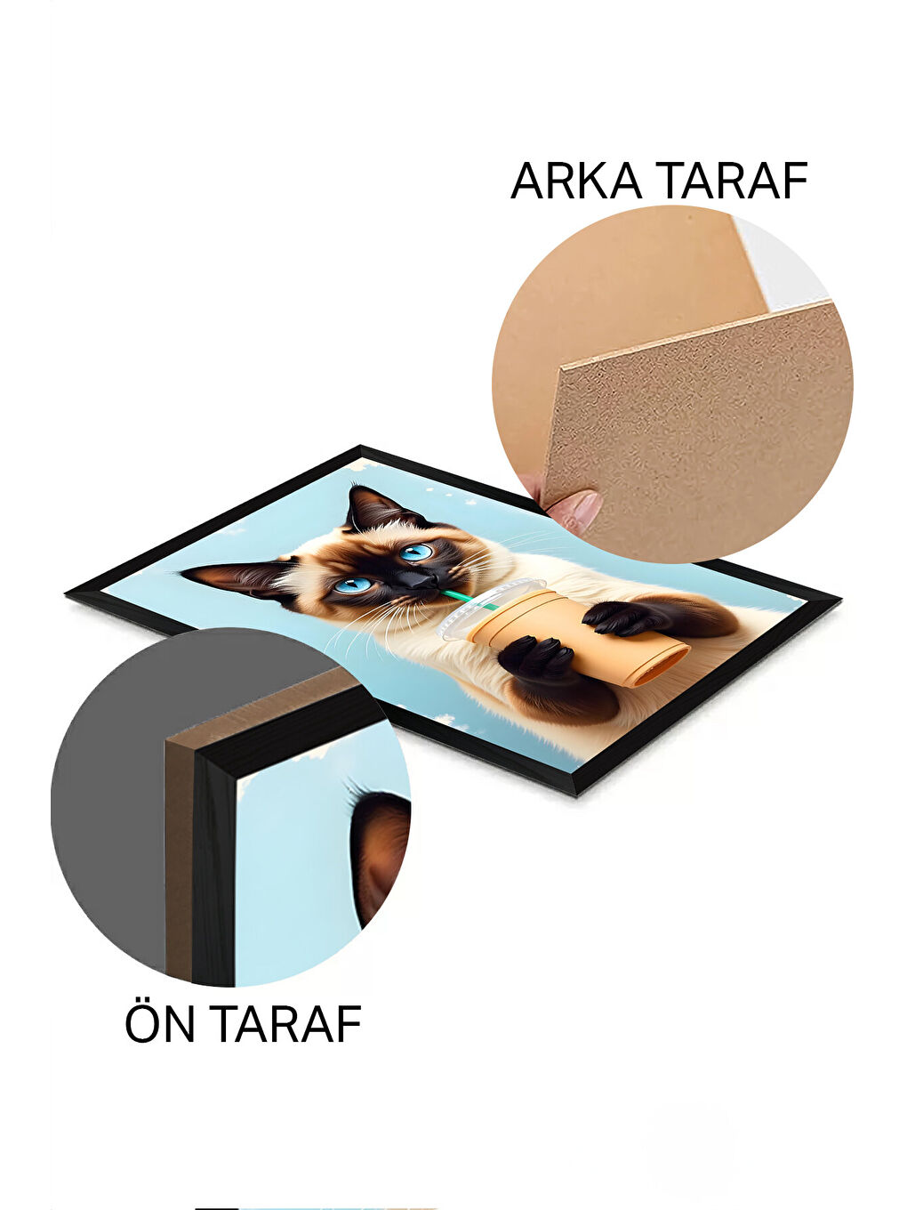 Beyaz Tek Parça Siyah Çerçeve Görünümlü Kedi Baskılı MDF 20x30 cm Tablo - Model 30-1