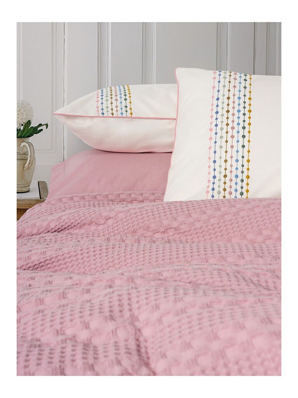 Karışık Pamuk Box Aura Çift Kişilik Pike Takımı Pebble Pembe-1