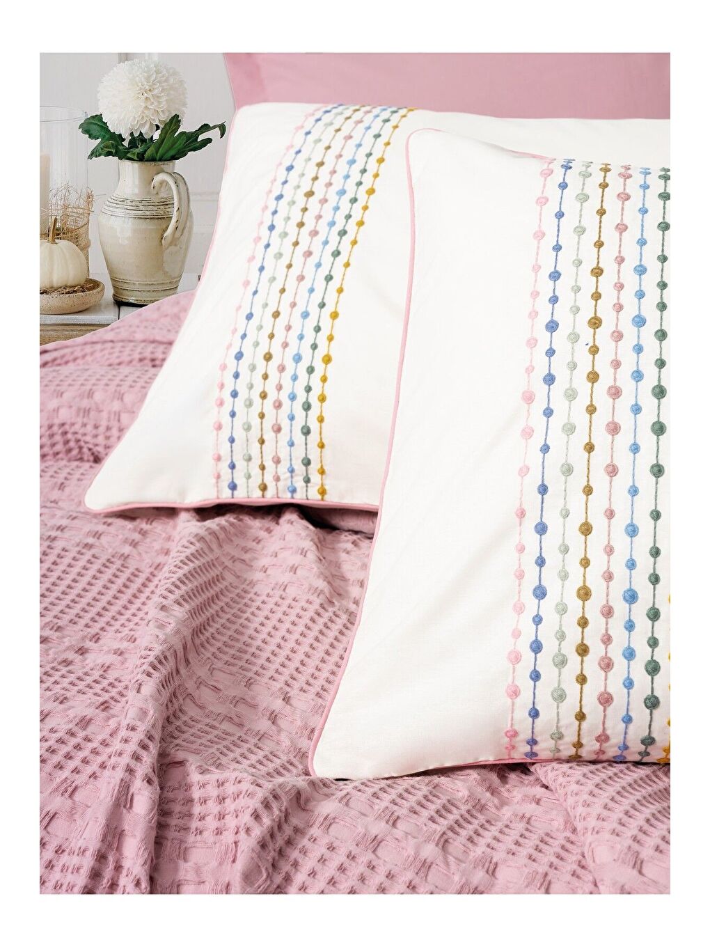 Karışık Pamuk Box Aura Çift Kişilik Pike Takımı Pebble Pembe-2