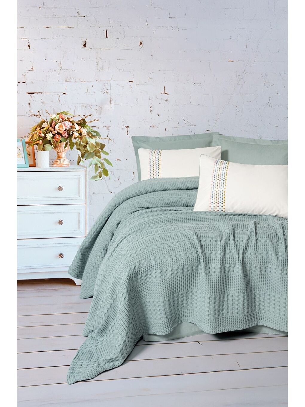 Karışık Pamuk Box Aura Çift Kişilik Pike Takımı Pebble Mint