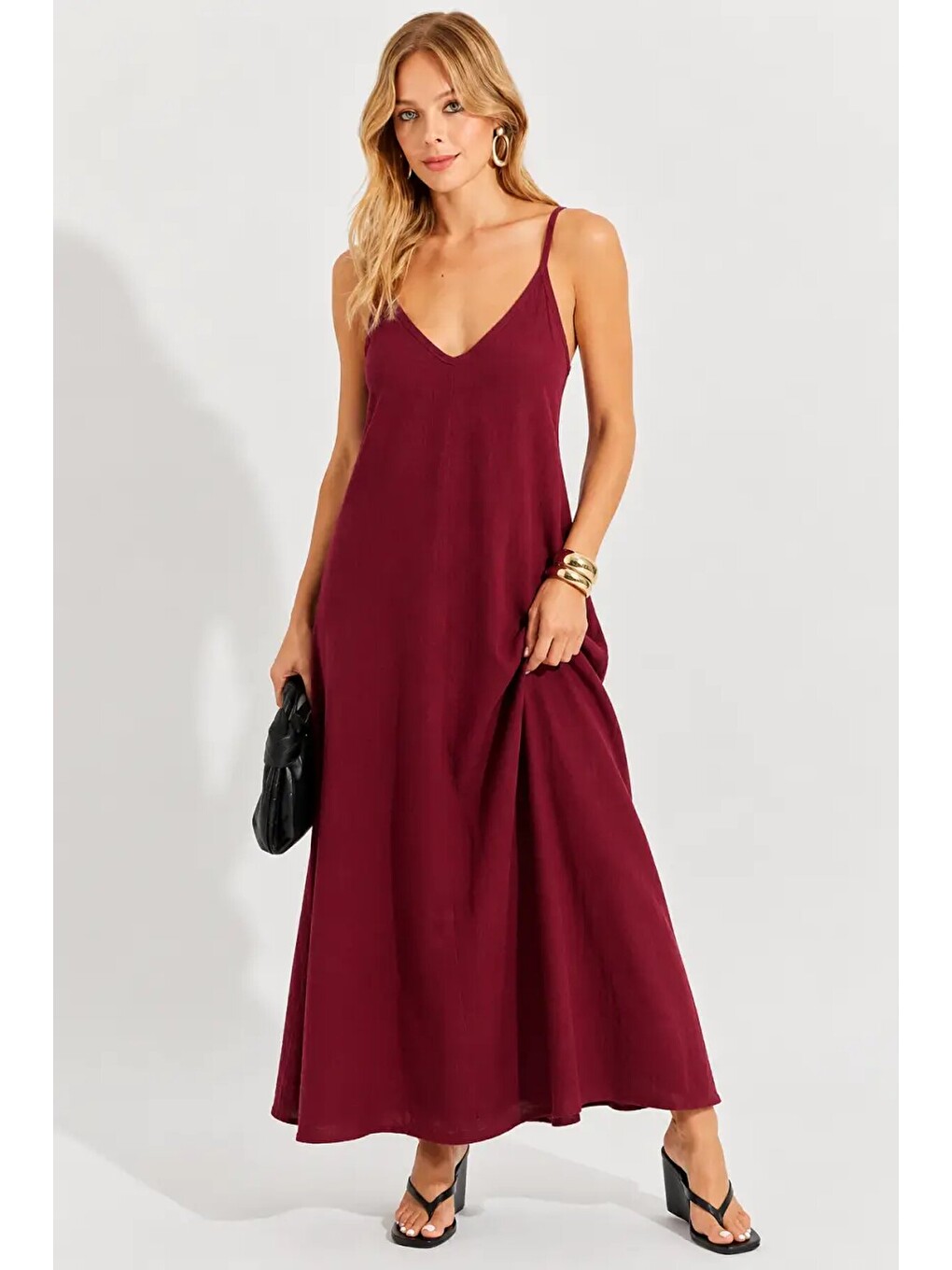 Bordo Askılı Salaş Maxi Elbise