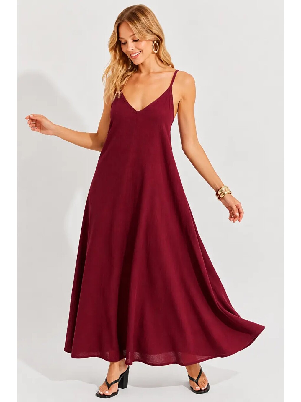 Bordo Askılı Salaş Maxi Elbise-1