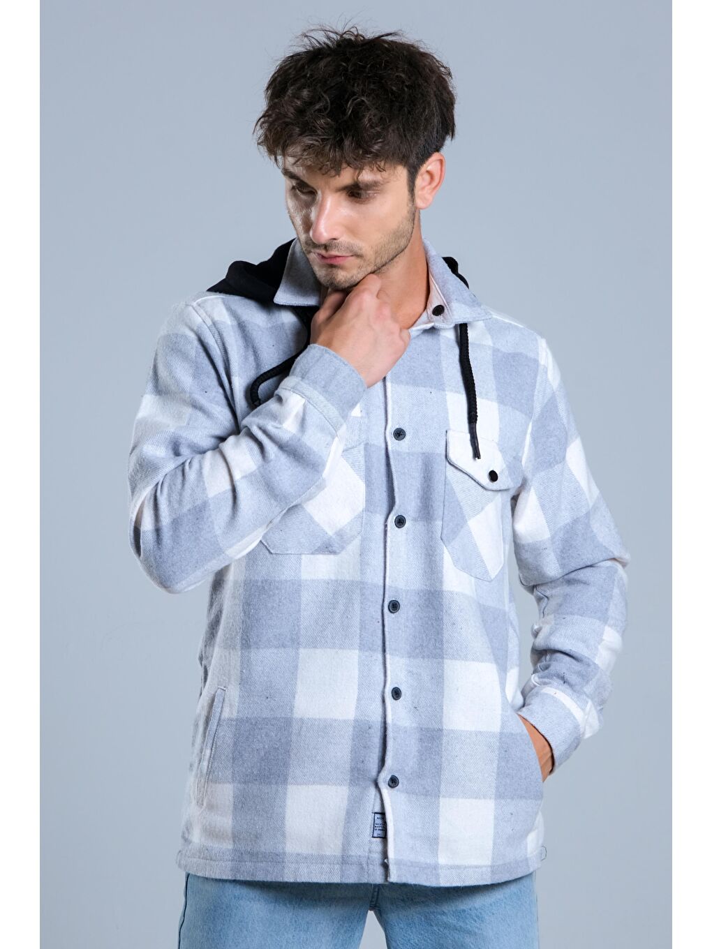 Ekru Çıkarılabilir Kapüşonlu Cepli Kışlık Erkek Oduncu Gömlek MAR4170-1