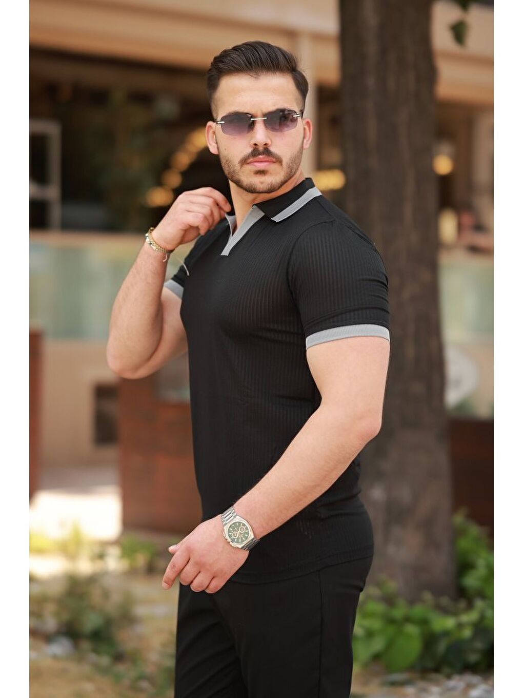 Siyah Erkek Hemşire Yaka Kısa Kollu Tişört-1