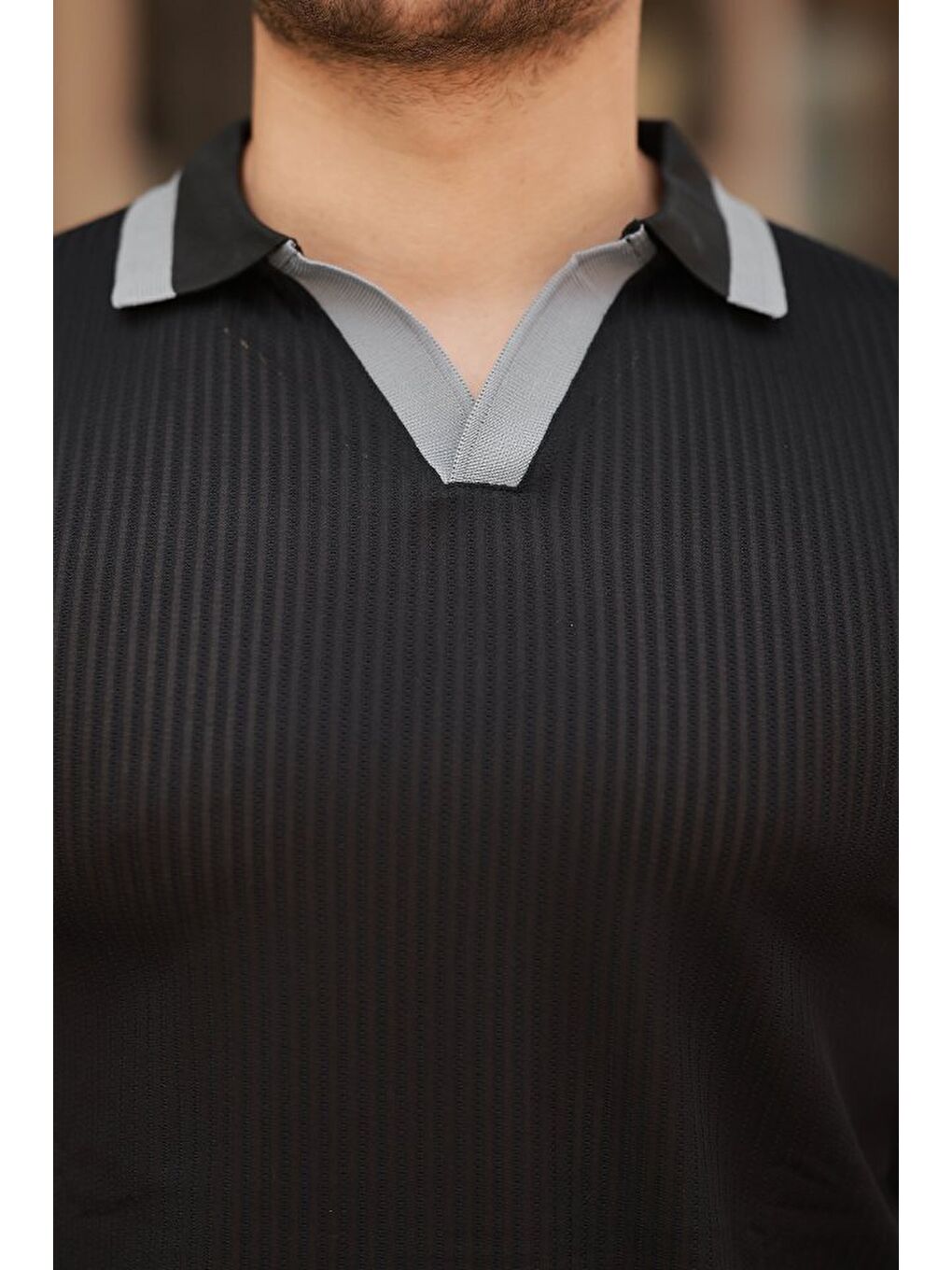 Siyah Erkek Hemşire Yaka Kısa Kollu Tişört-2