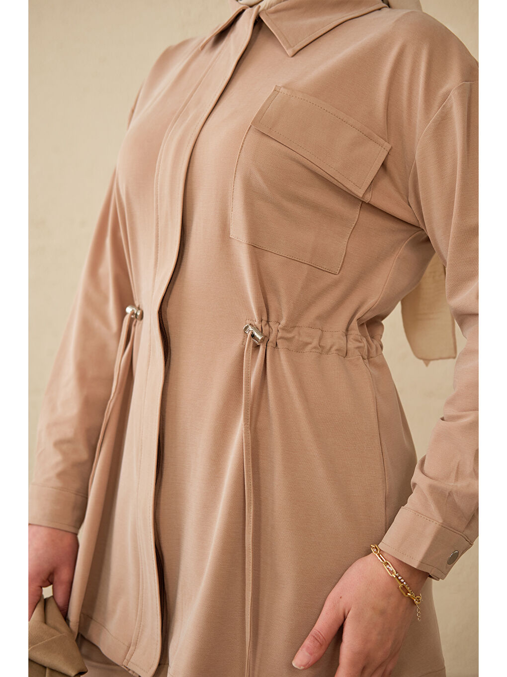 Bej Kadın Beli Ayarlanabilir Tek Cepli Takım Vizon-3