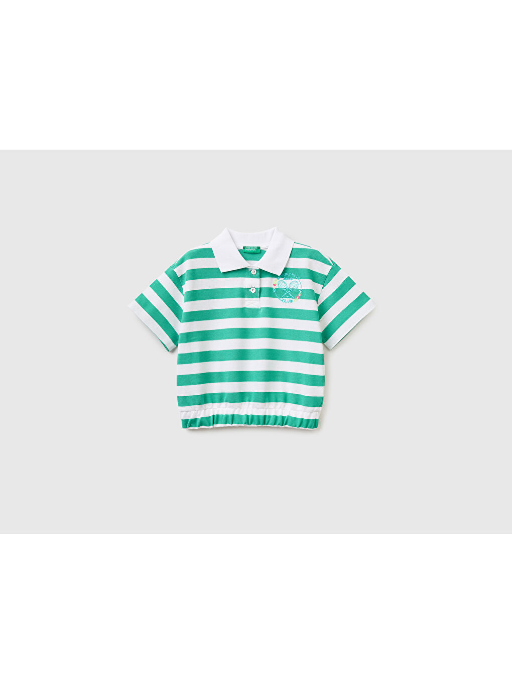 United Colors Of Benetton Kız Çocuk Yeşil Mix Beli Lastikli Çizgili Amblemli Pike Polo T-Shirt