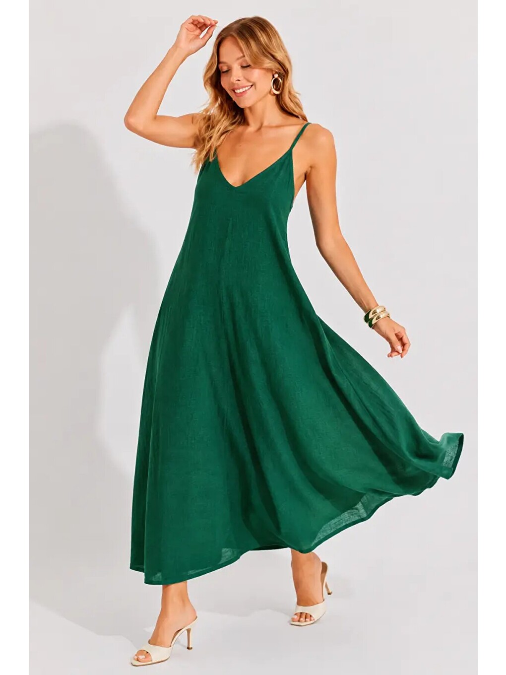 Yeşil Askılı Salaş Maxi Elbise-2