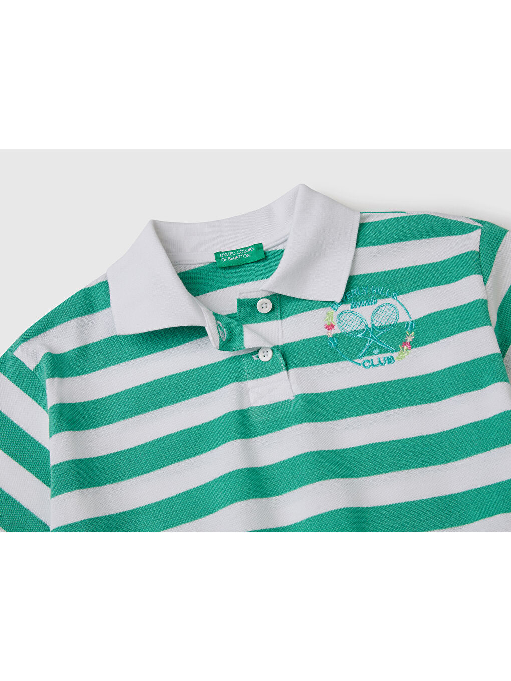 United Colors Of Benetton Kız Çocuk Yeşil Mix Beli Lastikli Çizgili Amblemli Pike Polo T-Shirt - 1