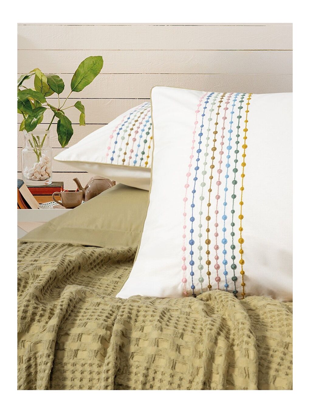 Karışık Pamuk Box Aura Çift Kişilik Pike Takımı Pebble Hardal-1