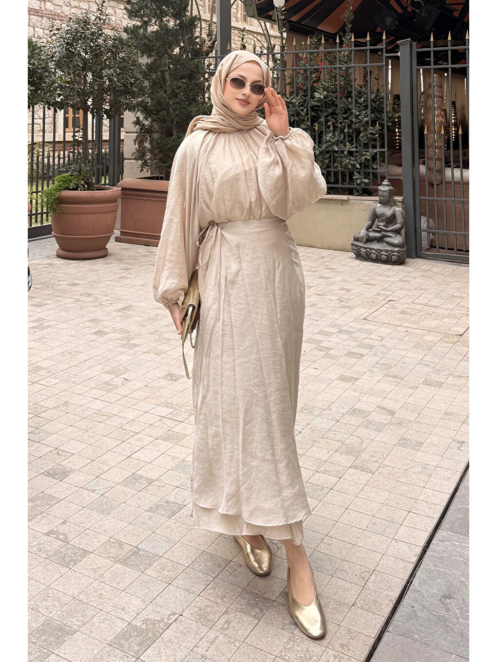 Kadın Tül Detay Pelerinli Etekli Takım Sarı-1