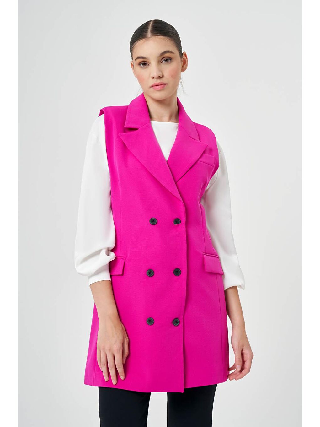 Kruvaze Uzun Fuşya Klasik Yelek