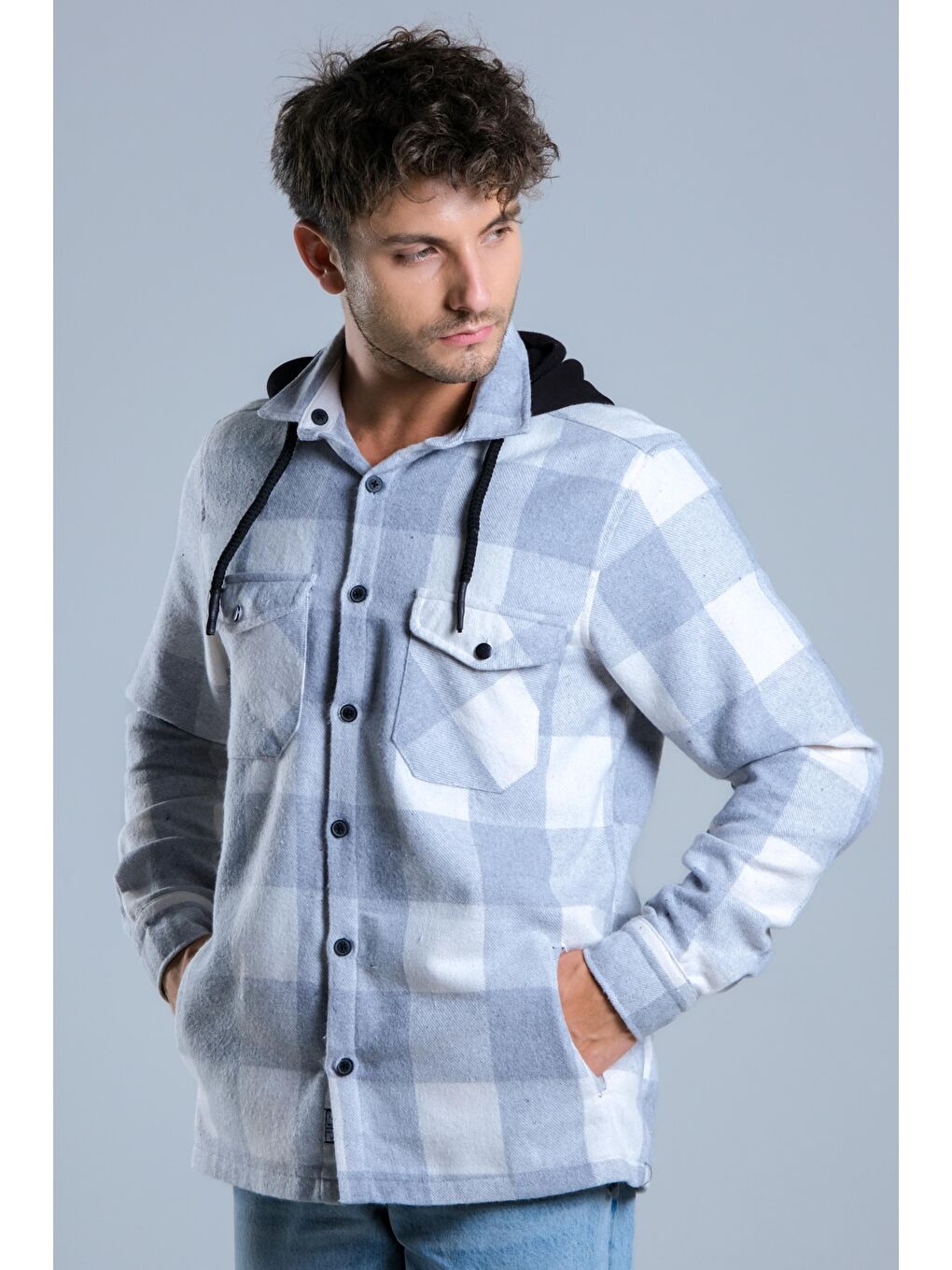 Ekru Çıkarılabilir Kapüşonlu Cepli Kışlık Erkek Oduncu Gömlek MAR4170-2