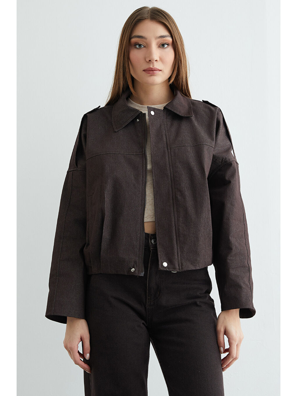 Kahverengi Fermuarlı Oversize Jean Ceket-1