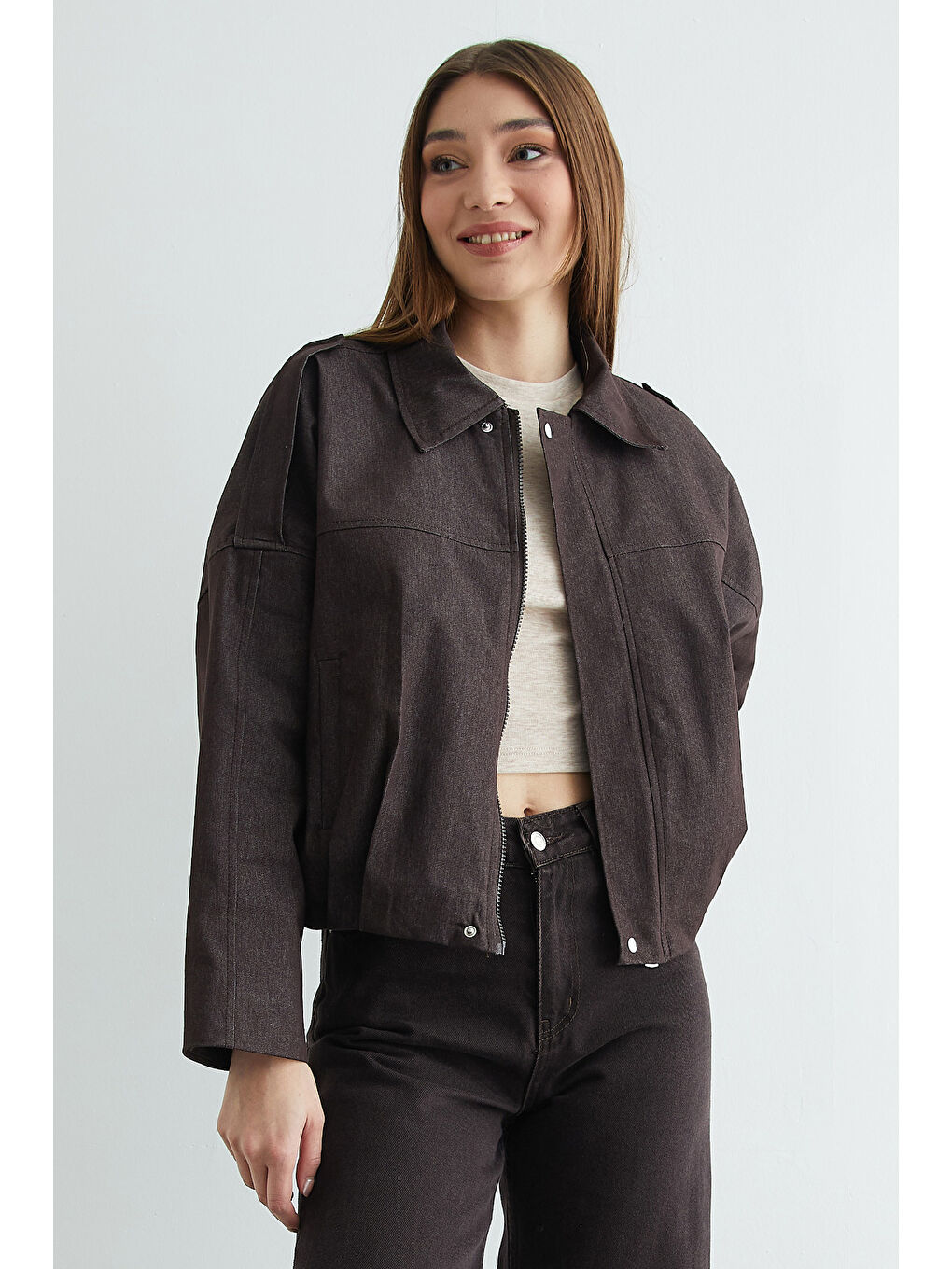 Kahverengi Fermuarlı Oversize Jean Ceket-2