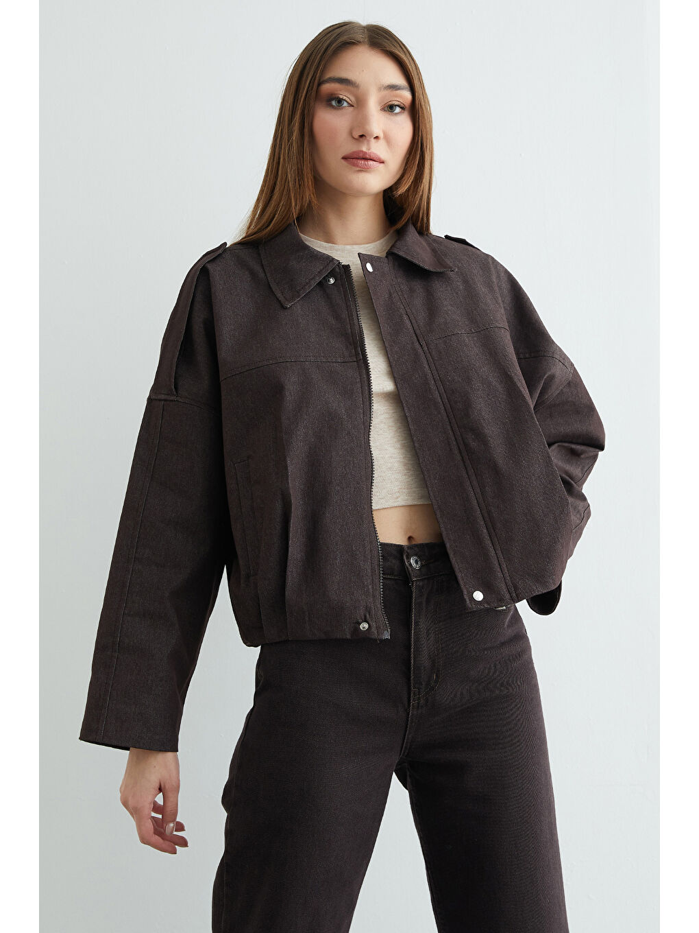 Kahverengi Fermuarlı Oversize Jean Ceket-3
